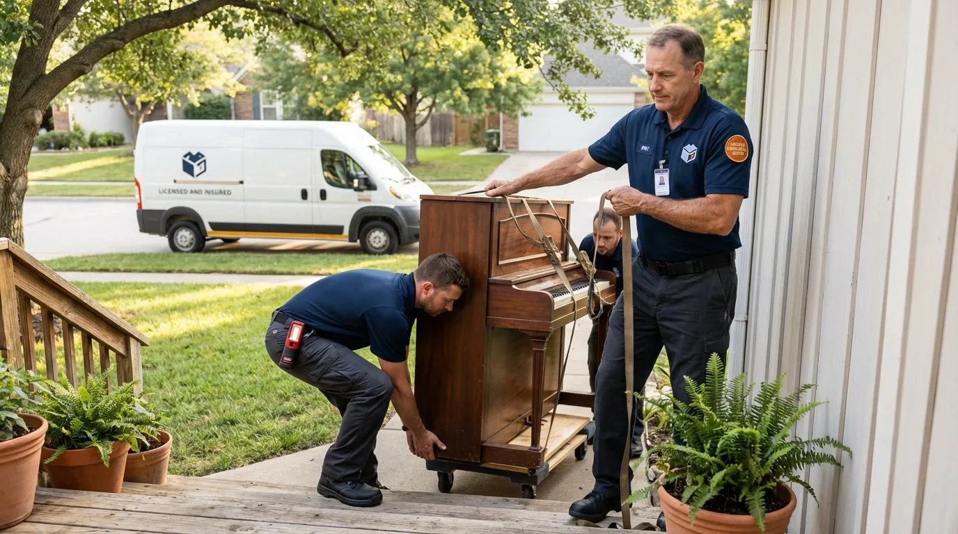 Licensed piano movers securing grand piano in Hoffman Estates, IL