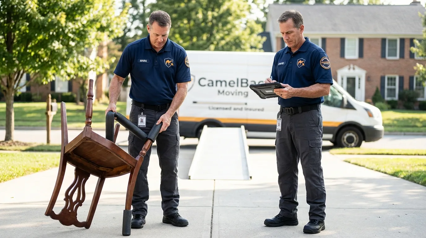 Movers inspecting furniture for damage prevention before loading in Hoffman Estates, IL
