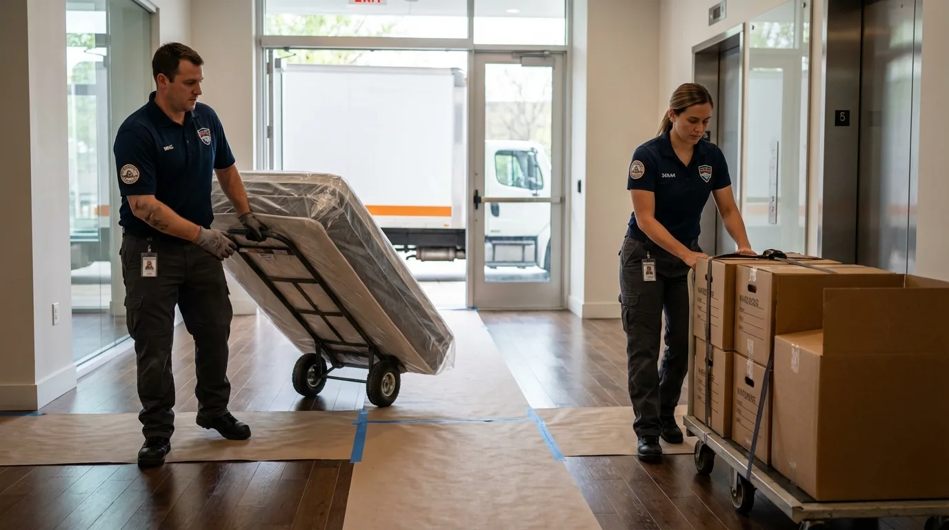 Professional apartment movers loading elevator in Hoffman Estates, IL